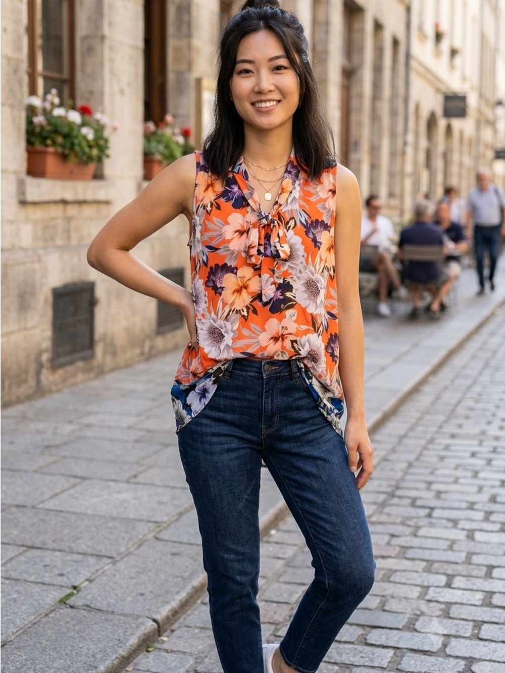 Johnny Was Silk Floral Tie-Neck Sleeveless Blouse - Orange Floral